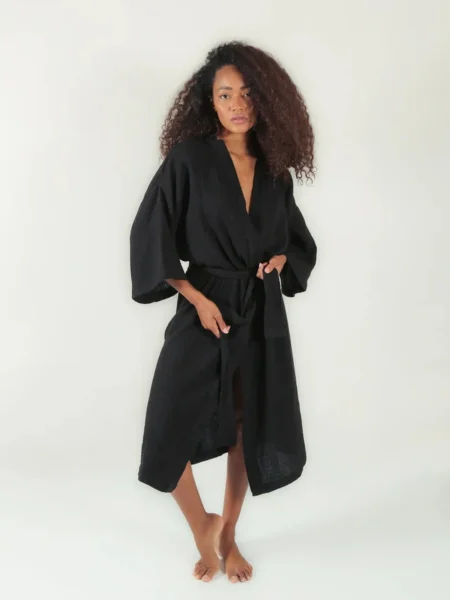 Siyah Organik Sertifikalı 4 Kat Müslin Sabahlık