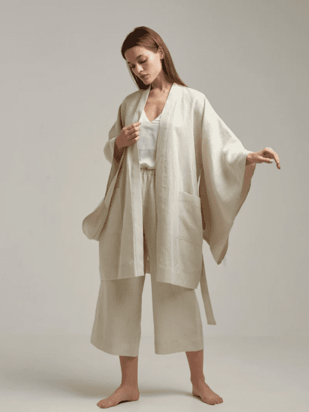 Ekru Miniko Keten Kimono Sabahlık & Pantolon Takımı