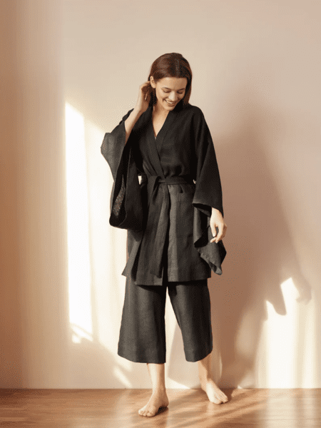Siyah Miniko Keten Kimono Sabahlık & Pantolon Takımı